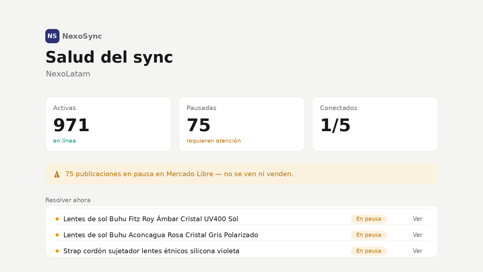 Pantalla de salud del sync de NexoSync